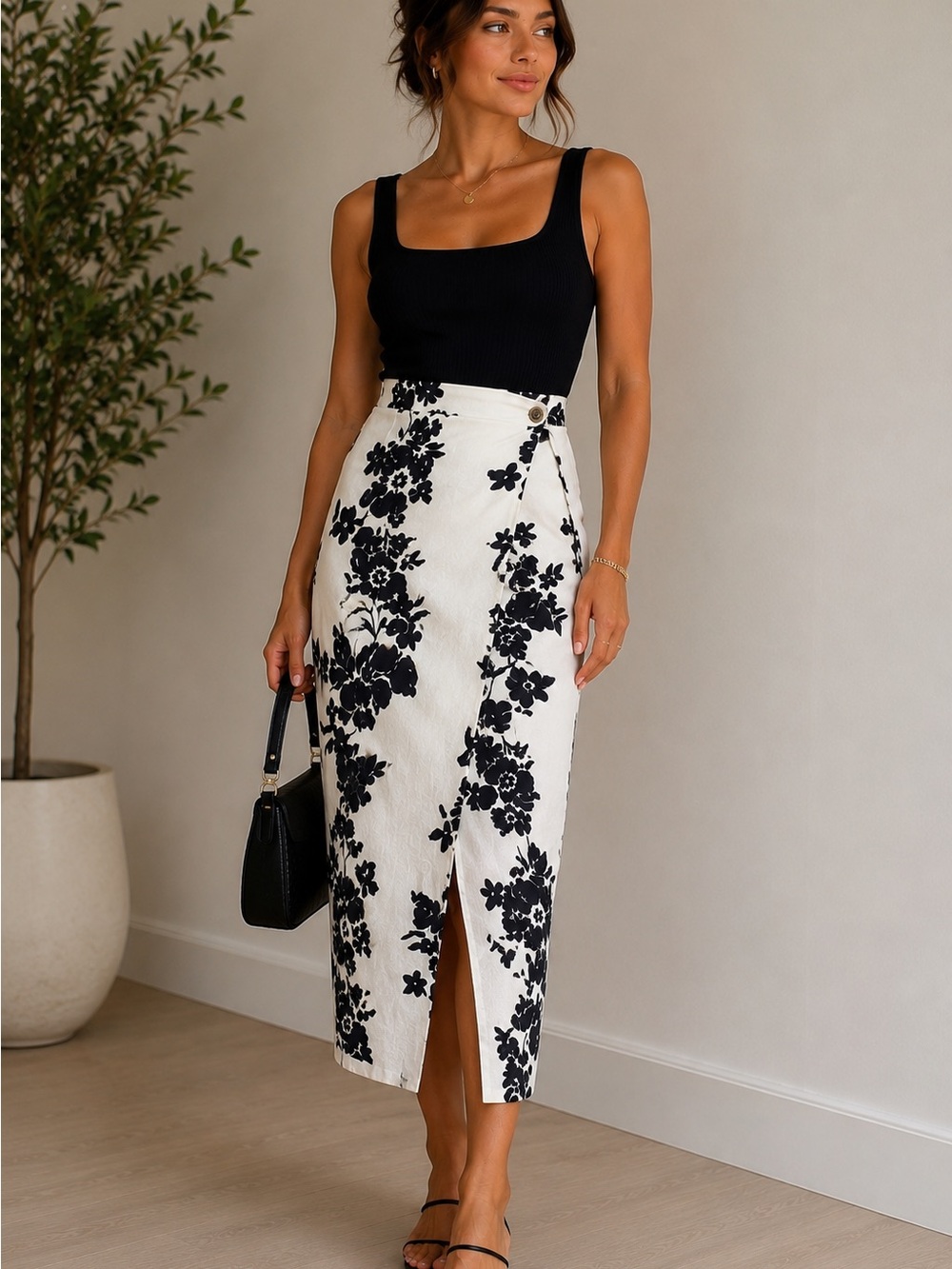 Elegant linen-like Black Floral Pencil Midi Skirt - White/Black